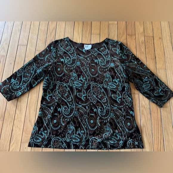 Coldwater Creek Tunic Blouse Women’s Petite Large Turquoise Embellished Sparkly - Picture 1 of 6
